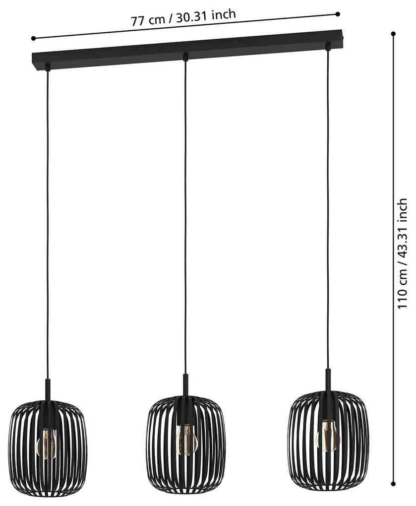 Lampadario A Sospensione Minimal Romazzina Lineare Acciaio Nero 3 Luci E27