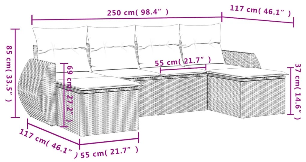 Set Divano da Giardino 6 pz con Cuscini Grigio in Polyrattan