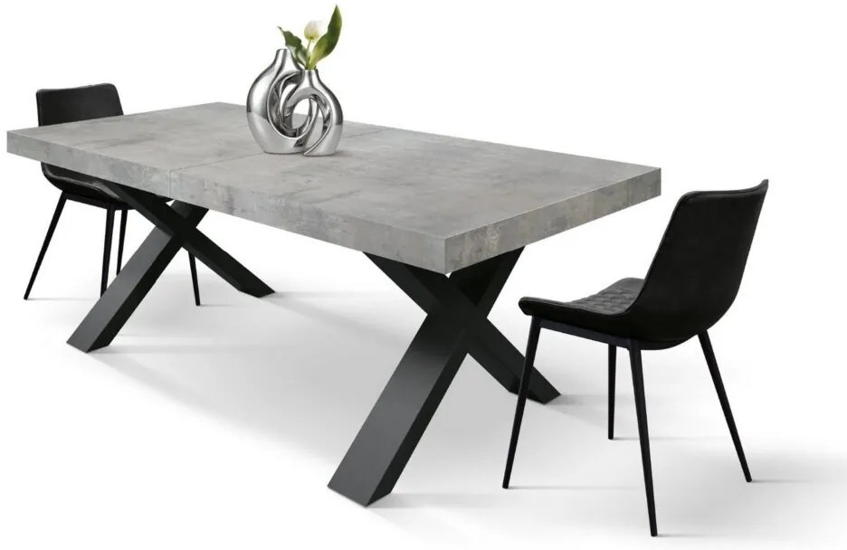 Tavolo allungabile AMALFI in legno grigio cemento e gambe a X antracite, allungabile 180×90 cm – 260×90 cm
