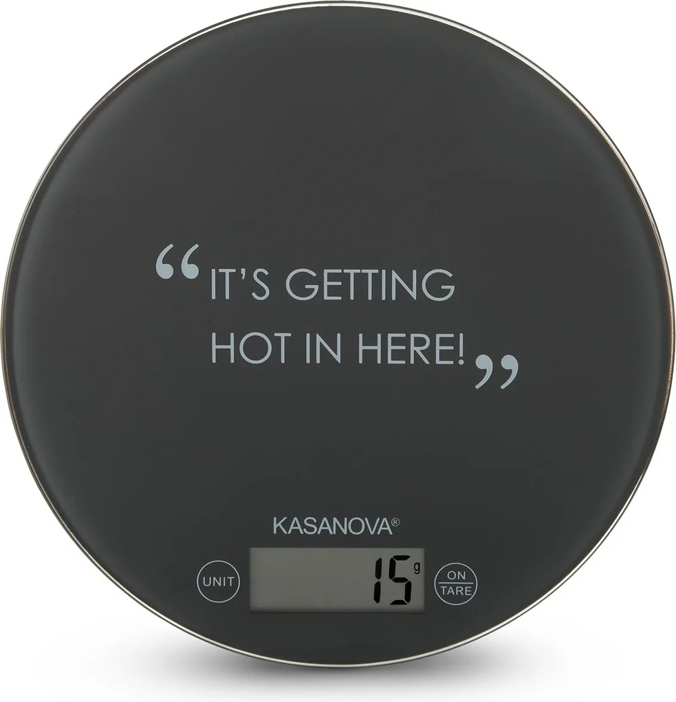 Bilancia da cucina digitale grigia tonda con scritta