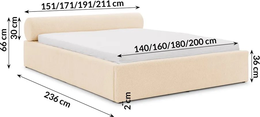 Letto matrimoniale imbottito color crema con contenitore con rete inclusa 200x200 cm Cille – Ropez