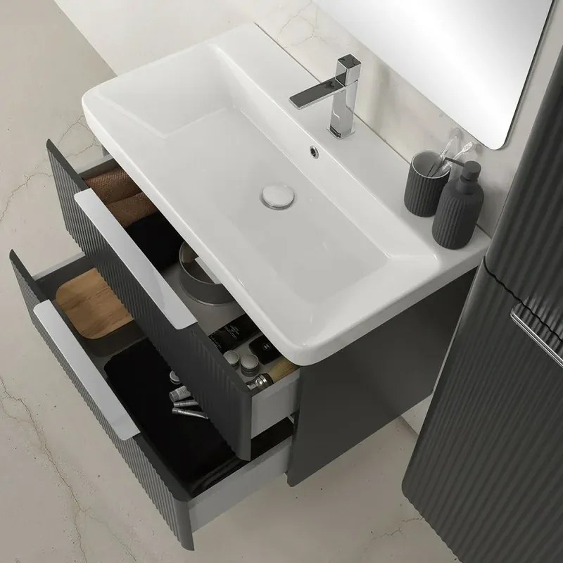 Mobile bagno sospeso 80cm antracite cannettato con cassetti, specchio e lavabo Mia