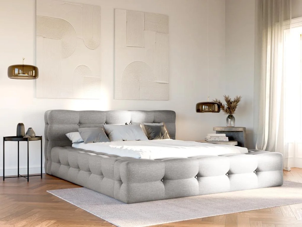 Letto con contenitore trapuntato 160 x 200 cm Tessuto chiné Grigio - LERUCO di PASCAL MORABITO