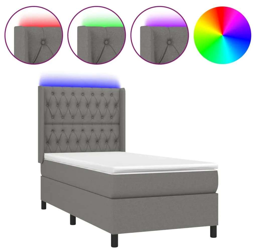 Letto a molle materasso e led grigio scuro 90x200 cm in tessuto