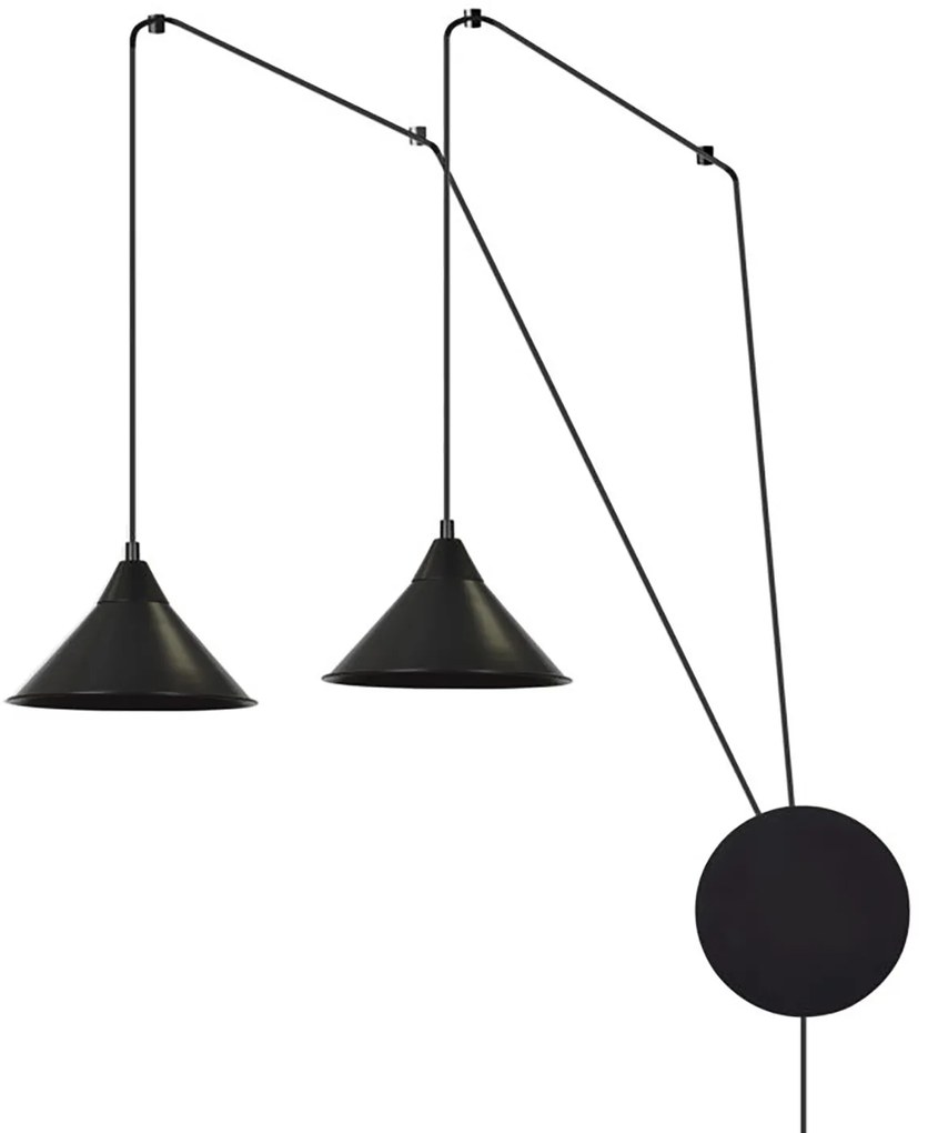 Sospensione Minimal 2 Luci Fujin In Acciao Nero E Paralume A Cono