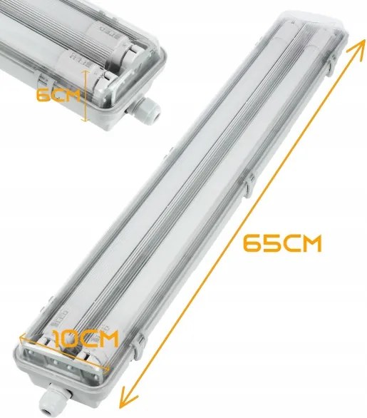 Apparecchio fluorescente tecnico LED T8, 2x G13, 10W, 230V, 6000K, 60 cm, IP65, bianco