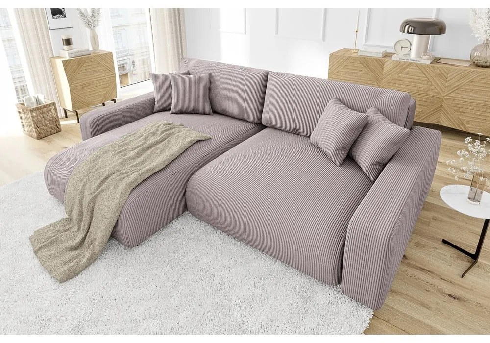 Divano letto angolare in velluto a coste rosa chiaro (penisola variabile) Sara - Ropez