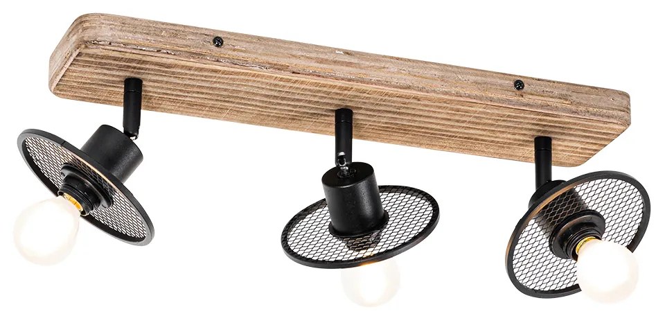 Faretto da soffitto industriale nero con legno 3 luci - Jasmine