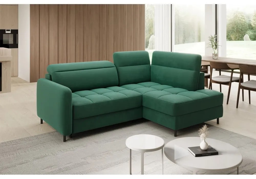 Divano angolare verde allungabile/con contenitore (con penisola a destra/a L) e rivestimento in velluto Barea – ELTAP