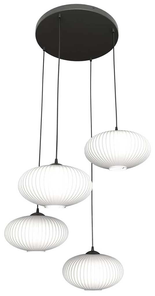 Lampadario 4 Luci Iris Base Tonda In Acciaio Nero Paralume Plissettato Bianco