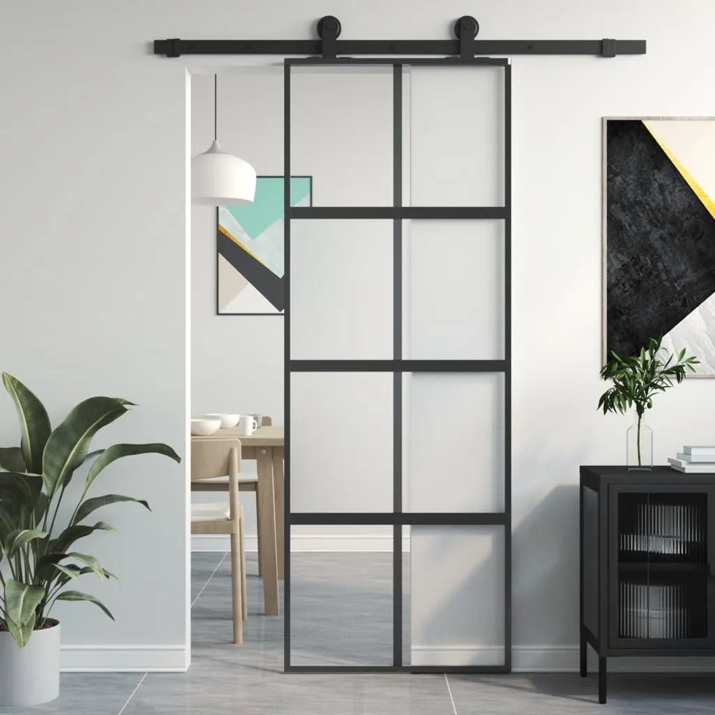 Porta Scorrevole Nera 76x205 Cm İn Vetro Temperato E Alluminio /