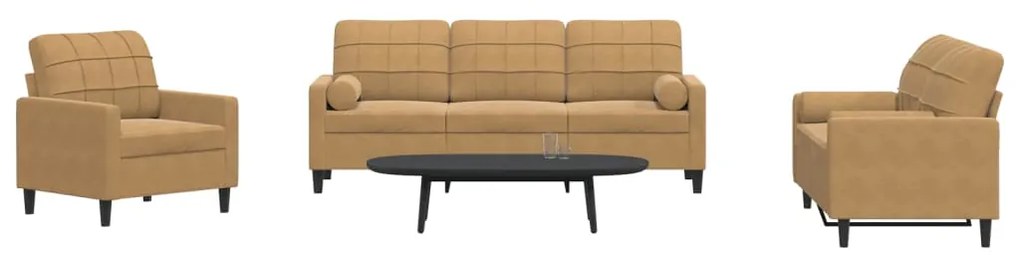 Set Di Divani 3 Pz Con Cuscini E Rinforzi Marrone İn Velluto /