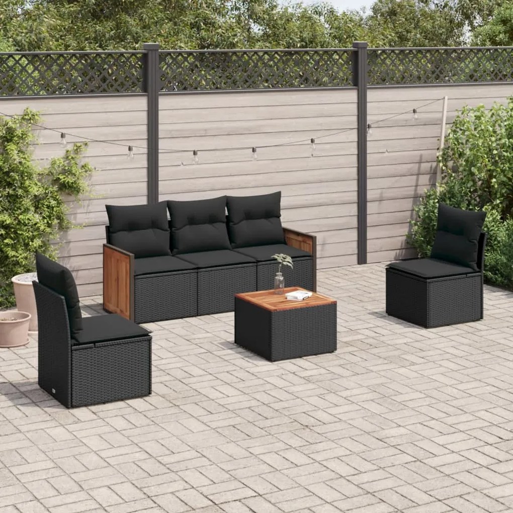 Set divano da giardino 6 pz con cuscini nero in polyrattan