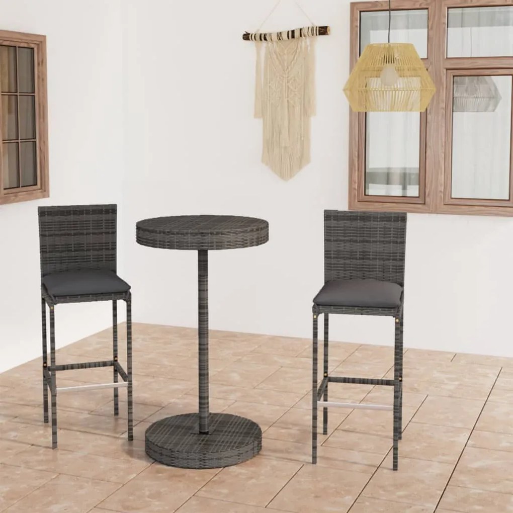 Set bar da giardino 3 pz con cuscini in polyrattan grigio