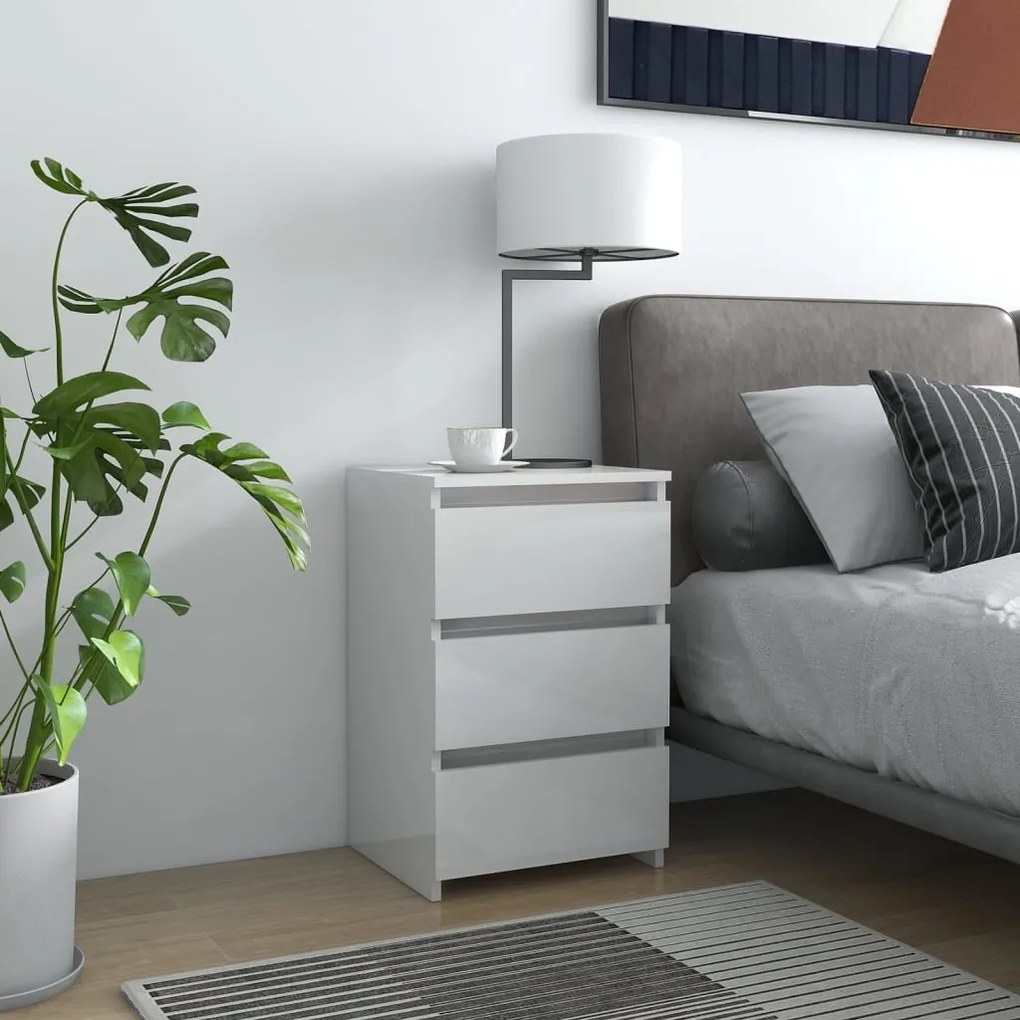 Comodino Bianco Lucido 40x35x62,5 Cm İn Legno Multistrato /