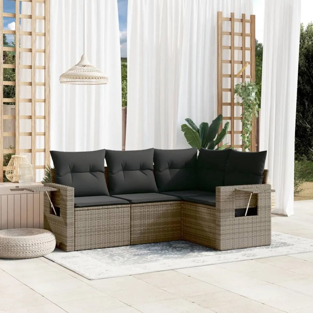 Set Divani da Giardino 4 pz con Cuscini in Polyrattan Grigio