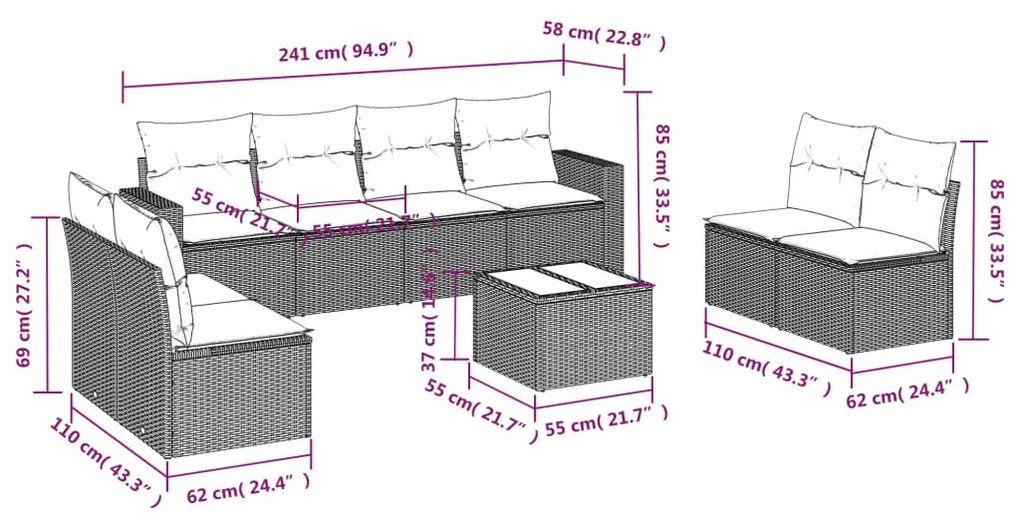 Set Divani da Giardino 9 pz con Cuscini Nero in Polyrattan