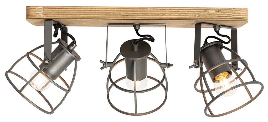 Faretto industriale grigio scuro con legno regolabile 3 luci - Arthur