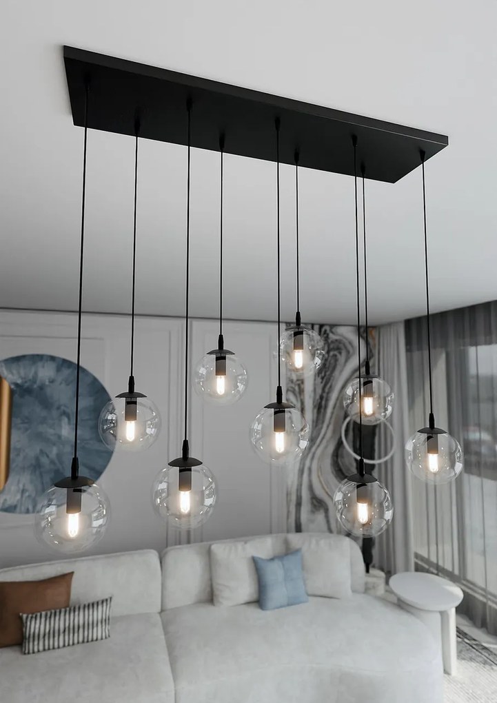 Lampadario a Sospensione in Acciaio e Vetro COSMO 9 Nero 9xE14