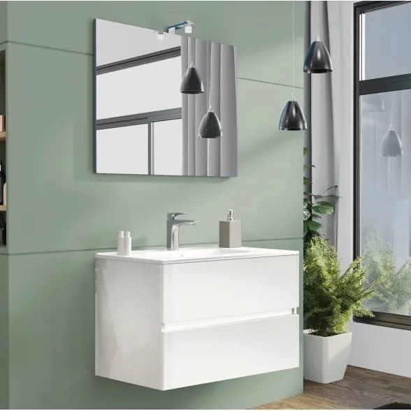 Mobile da bagno sospeso 80 cm con lavabo, specchio e led bianco lucido