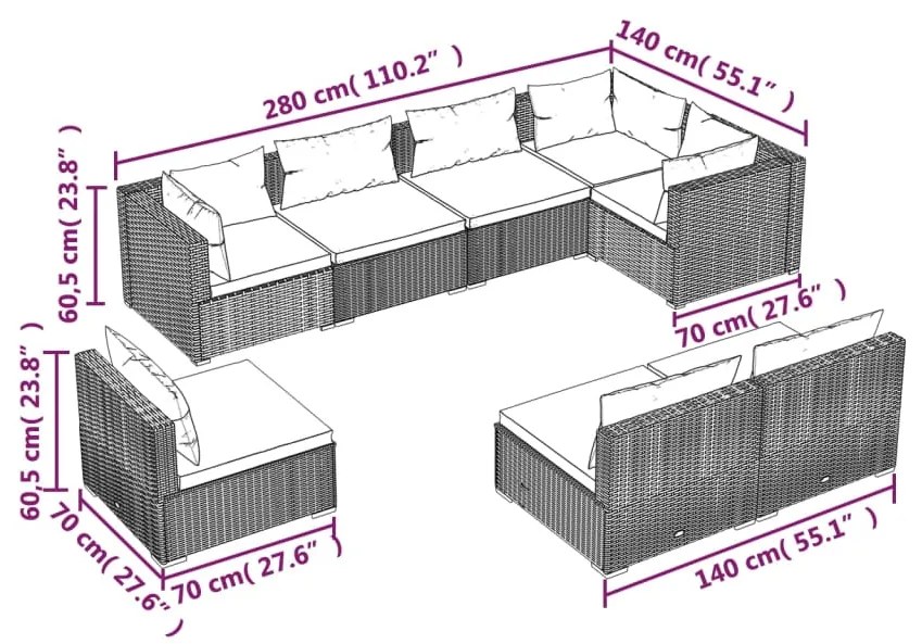 Set divani da giardino 8 pz con cuscini in polyrattan marrone