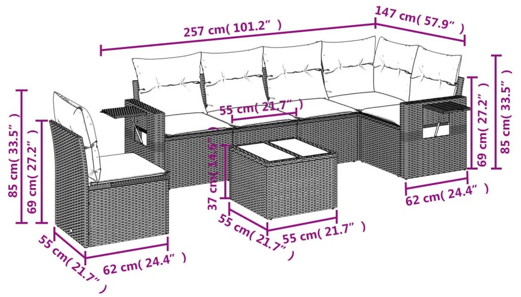 Set divani da giardino 7 pz con cuscini grigio in polyrattan