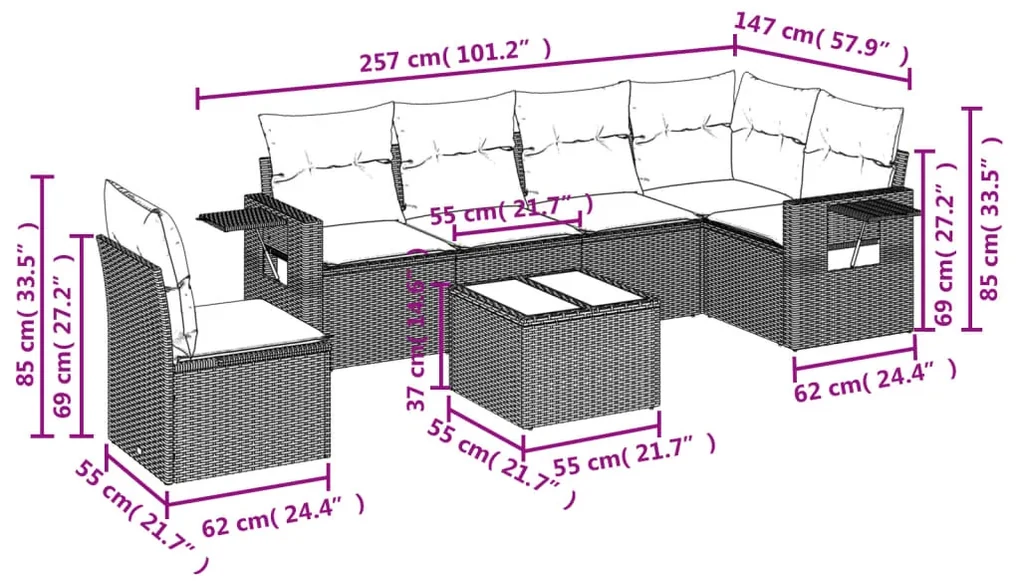 Set divani da giardino 7 pz con cuscini grigio in polyrattan