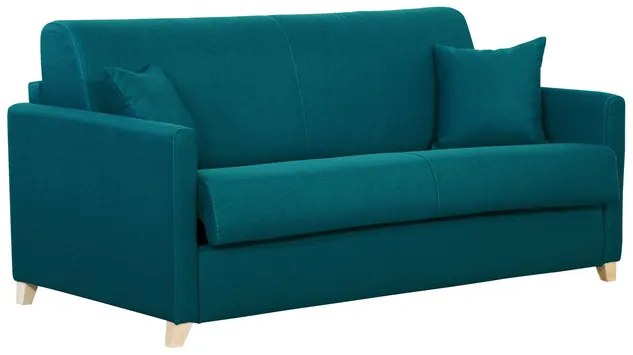 Divano letto 3 posti in tessuto blu anatra e legno chiaro con materasso 18 cm SKANDY