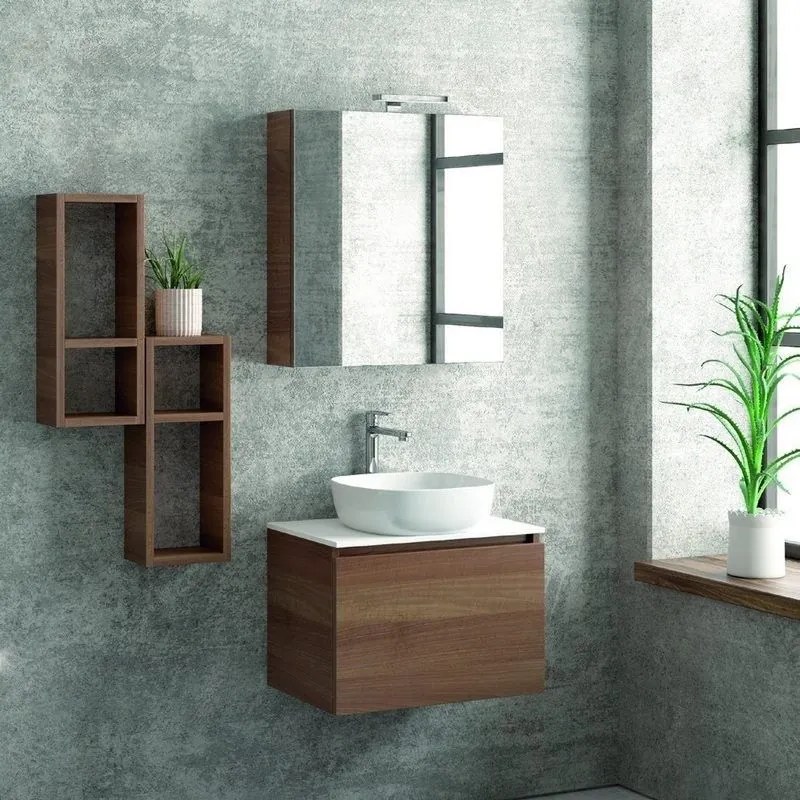 Kamalu - composizione mobiletto bagno 60 cm, 2 pensili e specchio contenitore sp-60c