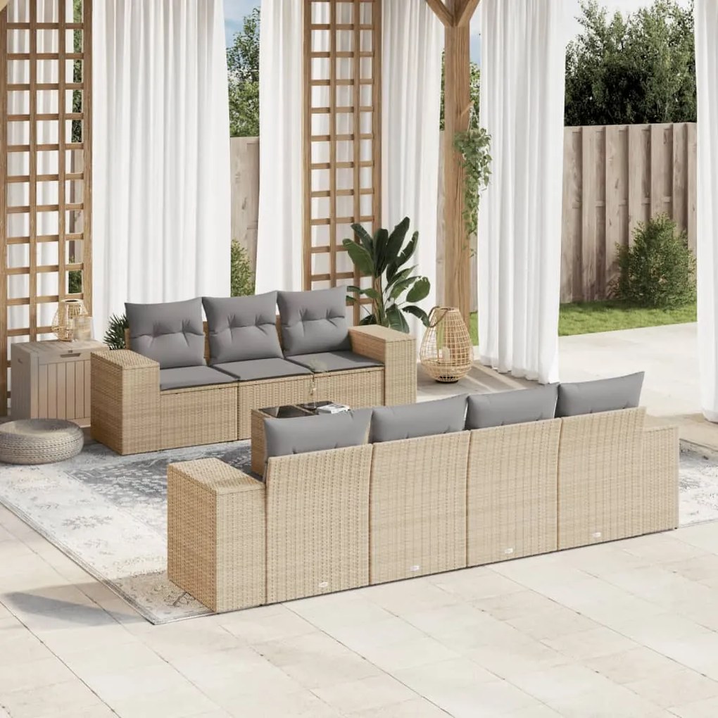 Set Divano da Giardino 8 pz con Cuscini Beige in Polyrattan