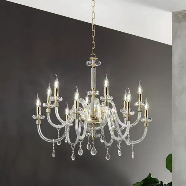 Lampada a sospensione DIDO D83 cm in vetro trasparente lavorato a mano 12 LUCI ORO