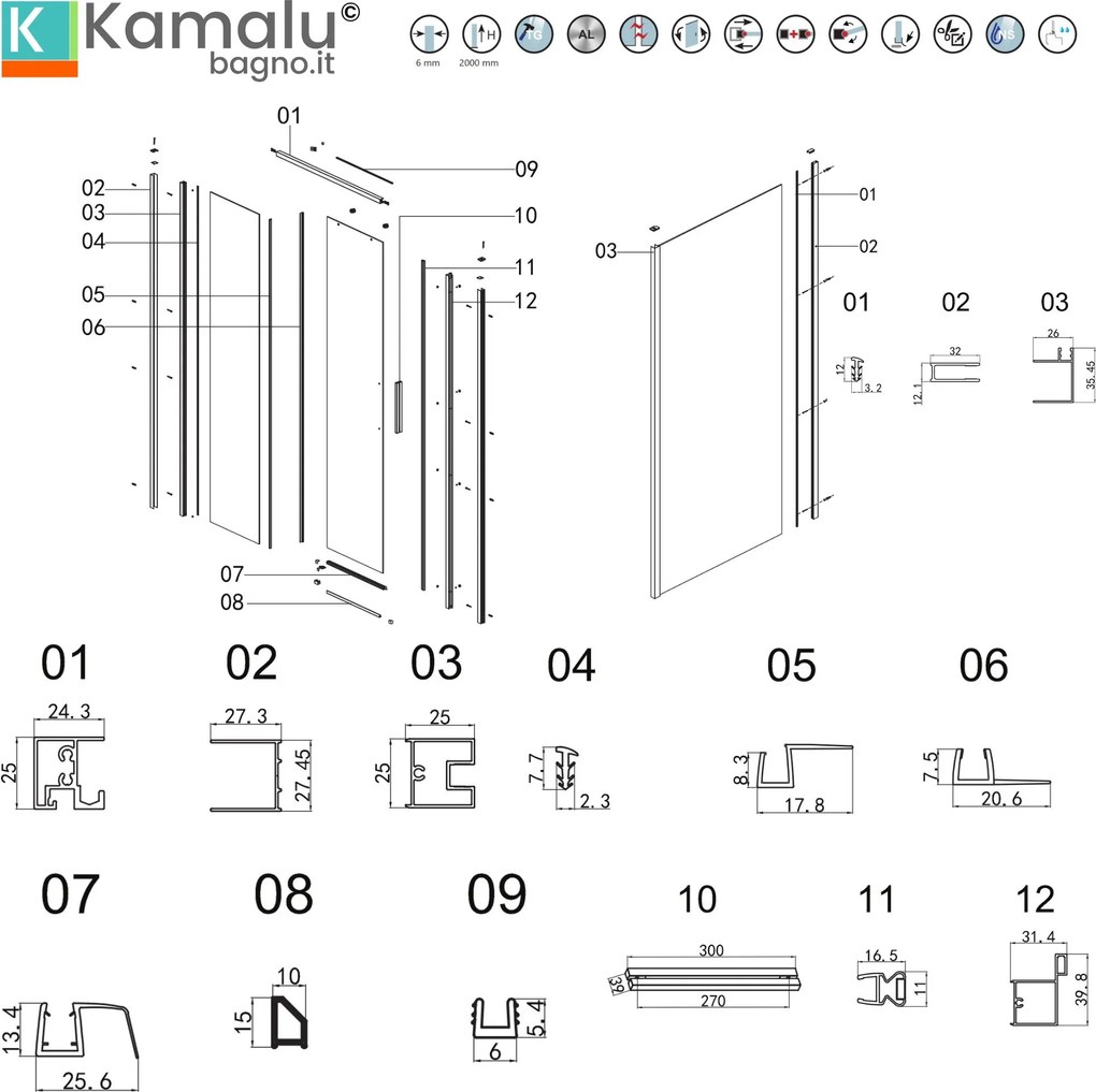 Box doccia 90x110 scorrevole e fisso vetro 6mm altezza 200h | KLA-4000C - KAMALU