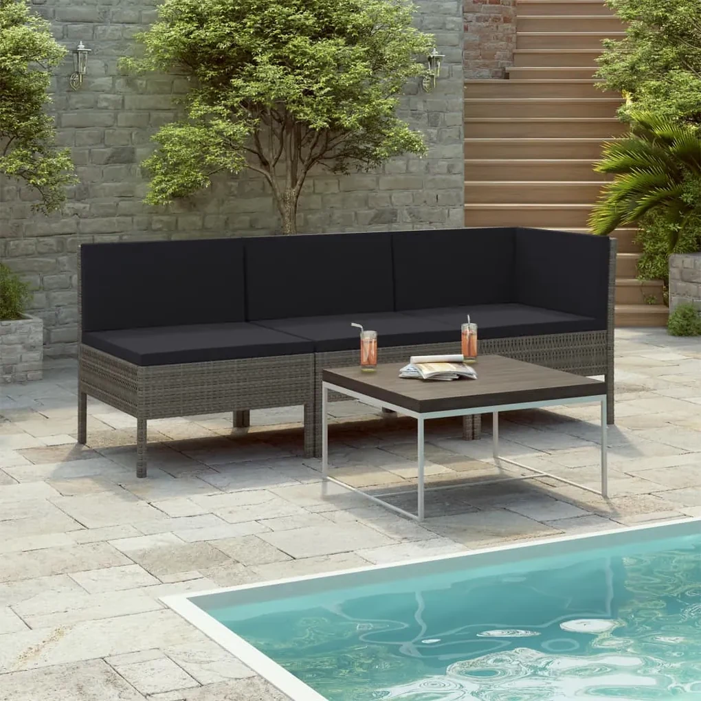 Set divani da giardino 3 pz con cuscini in polyrattan grigio