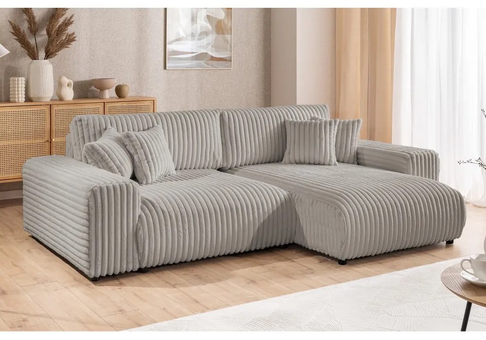 Divano angolare con penisola a destra grigio chiaro e rivestimento in velluto a coste allungabile e con contenitore Sarina – Ropez