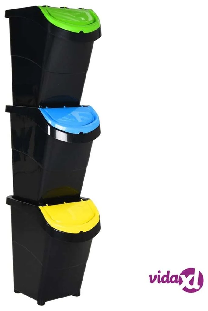 vidaXL Cestini per Rifiuti Impilabili con Coperchi 3pz Neri PP 120L