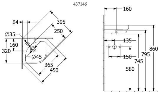 Villeroy & Boch 43714601 - Lavabo angolare sospeso SUBWAY 32x32 cm ceramica/bianco