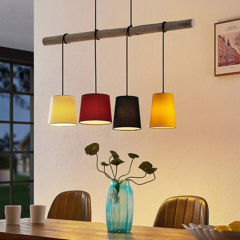 Lampada a sospensione Lindby Hinai, nero/rosso/giallo, tessuto, 116cm