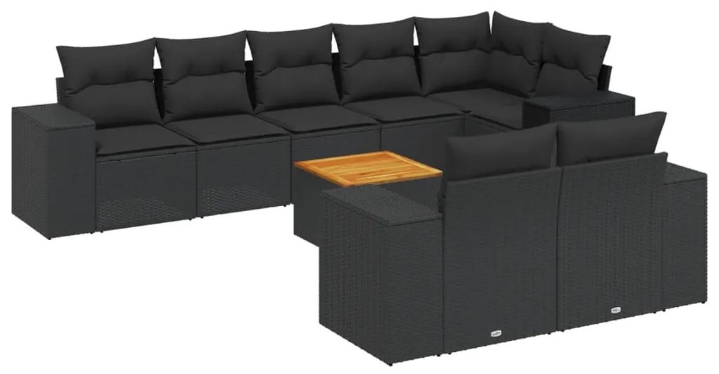 Set divani da giardino 9 pz con cuscini nero in polyrattan