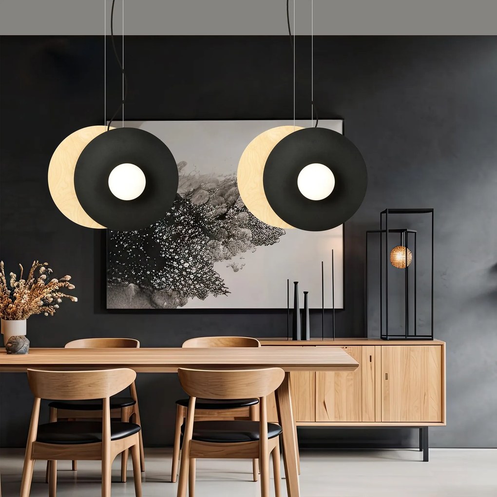 Sospensione Minimal Nordica Soho 4 Luci In Acciaio Nero E Legno Vetro Bianco