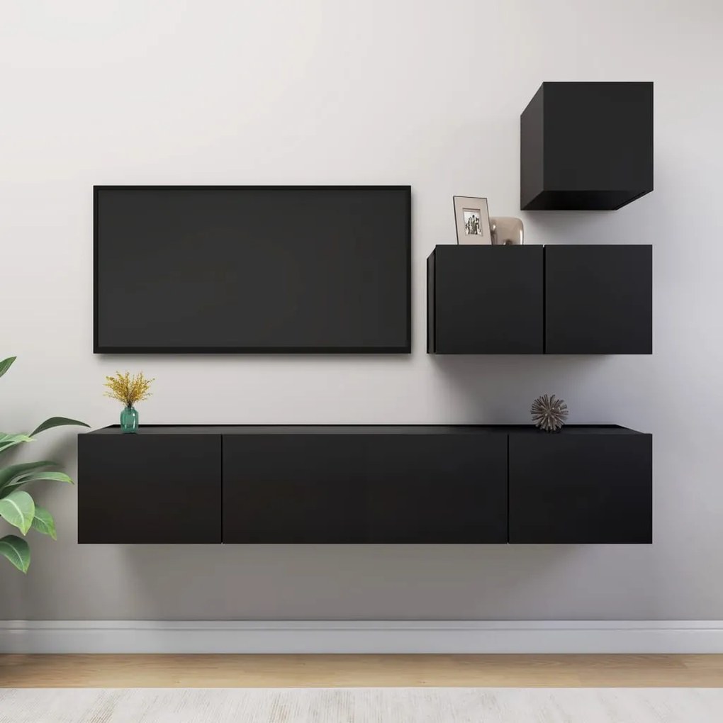 Set Di Mobili Porta Tv 4 Pz Nero İn Legno Multistrato /