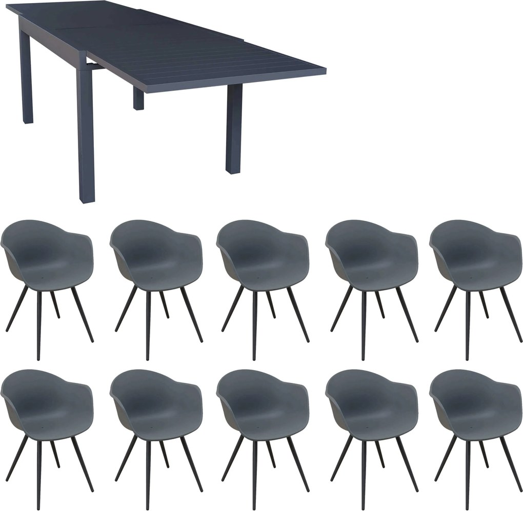 JERRI - set tavolo in alluminio cm 135/270 x 90 x 75 h con 10 Poltrone Dynamo