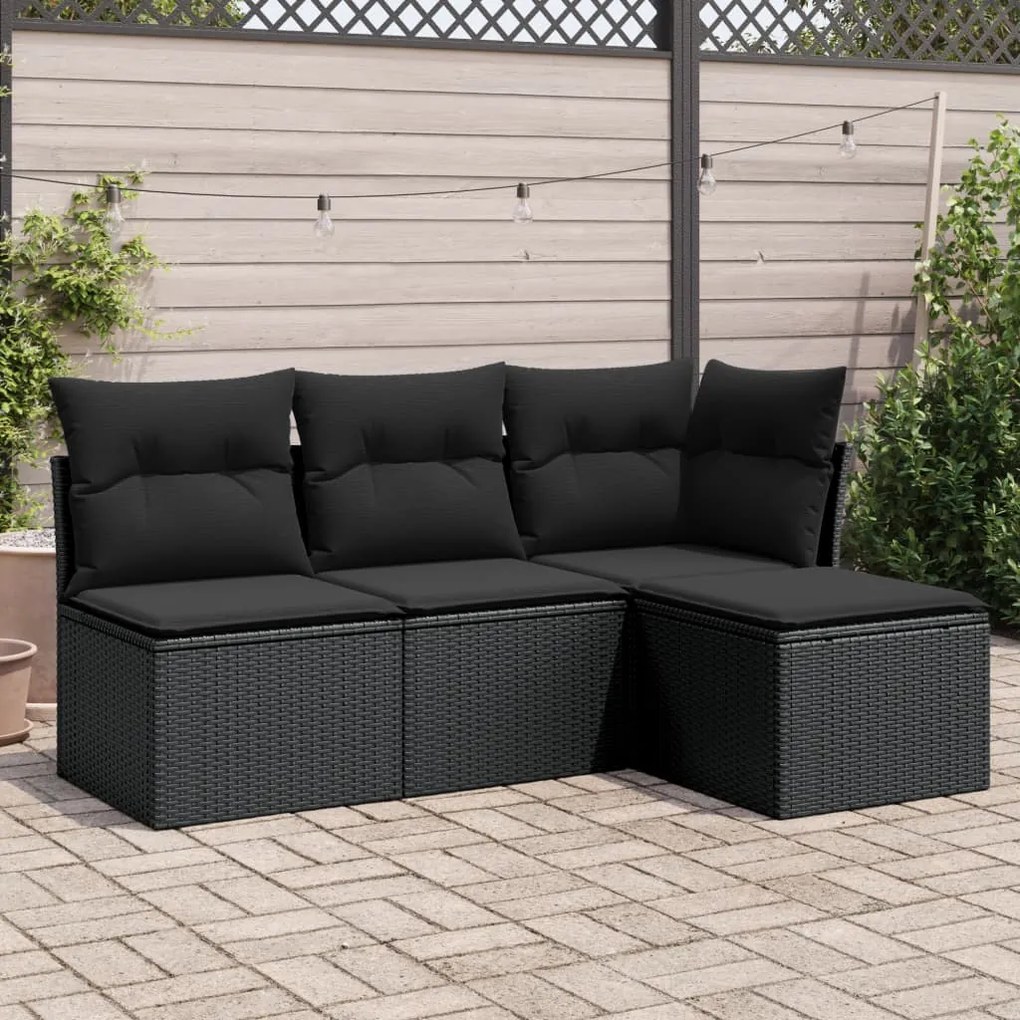 Set divani da giardino 4 pz con cuscini nero in polyrattan