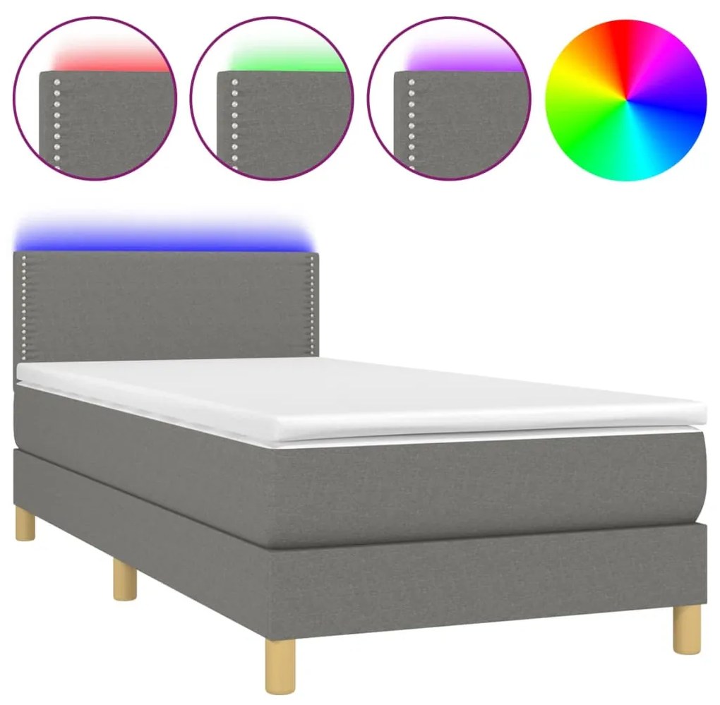 Letto a molle materasso e led grigio scuro 80x200 cm in tessuto