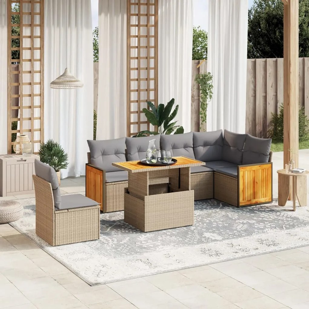 Set divani da giardino 7 pz con cuscini beige in polyrattan