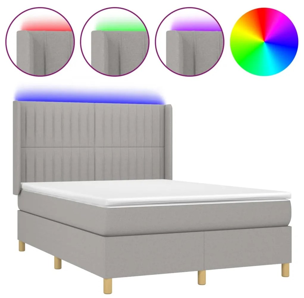 Letto a molle materasso e led grigio chiaro 140x190 cm tessuto