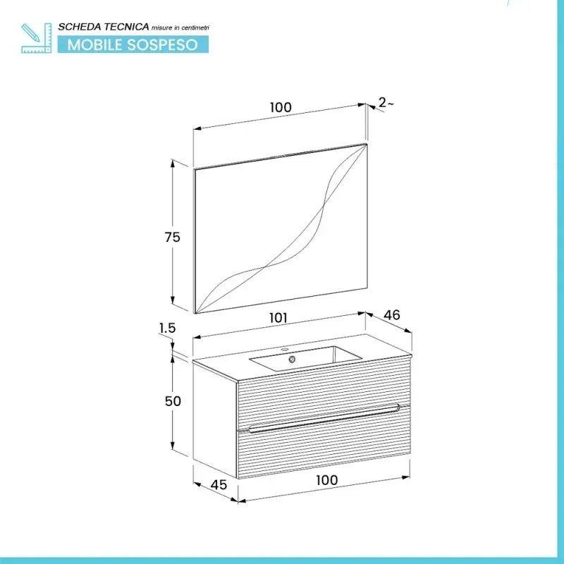 Mobile bagno sospeso 100 rovere cannettato 2 cassetti lavabo e specchio Rigo