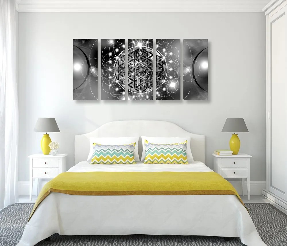 Quadri 5 pezzi – Mandala affascinante in bianco e nero