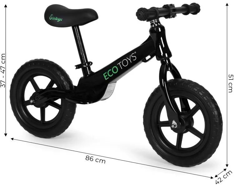 Bicicletta senza pedali nera per bambini con gomme tubeless