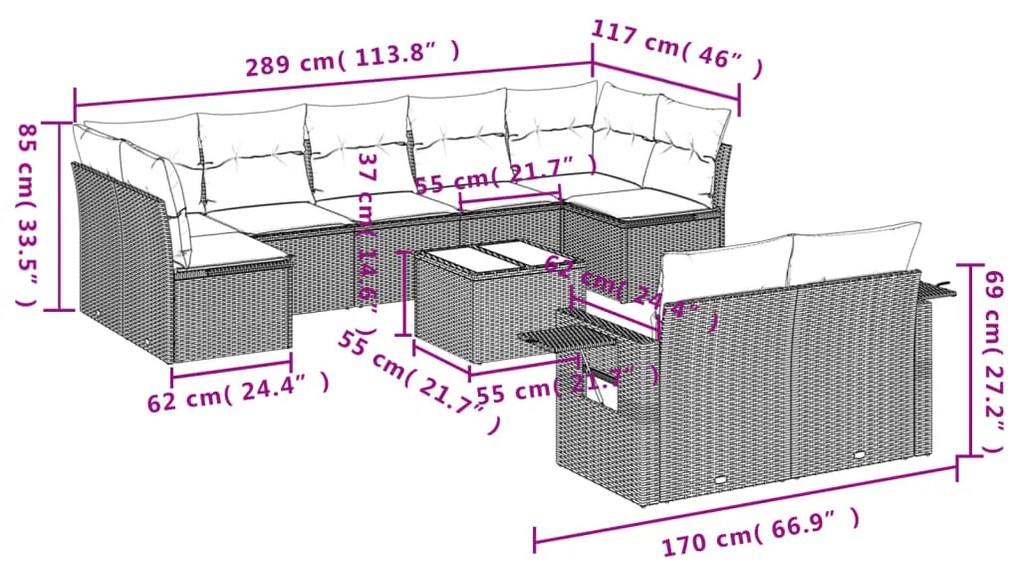 Set divano da giardino 10 pz con cuscini beige in polyrattan