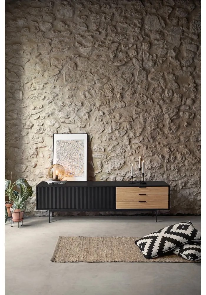 Mobile TV nero-colore naturale effetto rovere 180x52 cm Sierra – Teulat